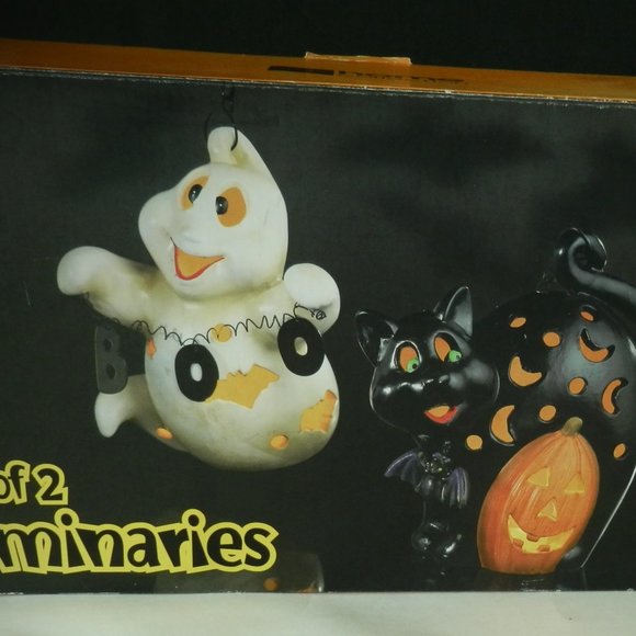 Set Of 2 Halloween Luminaries Luminary Ceramic Black Cat Ghost 2002 Original Box - Picture 1 of 6
